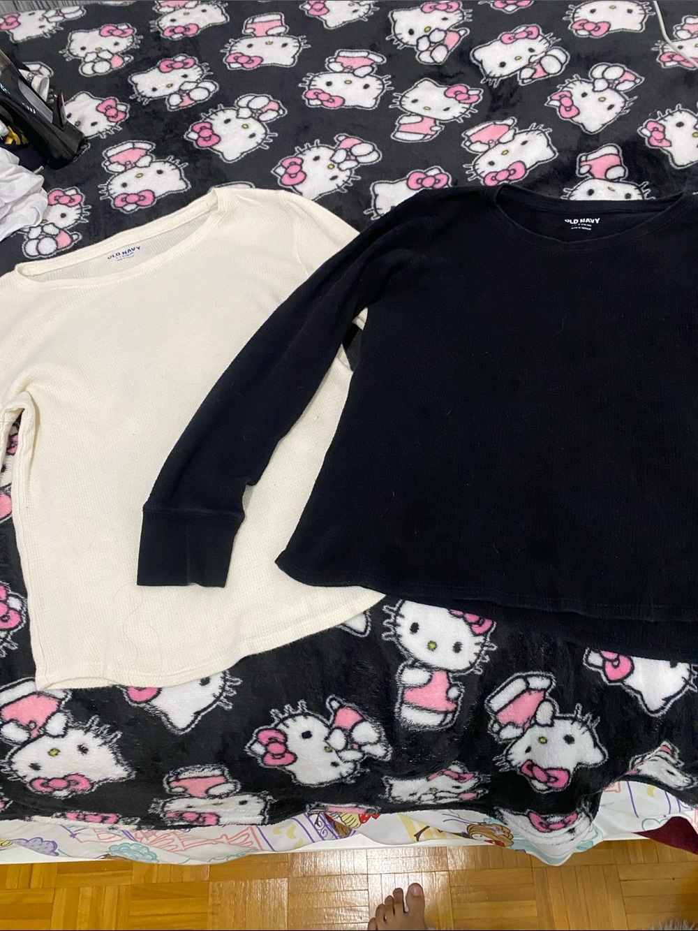 Old Navy Girls Long-Sleeve Waffle Tops in Black and Cream